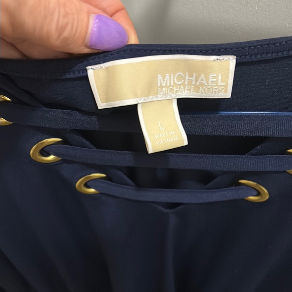 Michael Kors Navy Blouse with Gold Eyelets - Picture 2 of 3